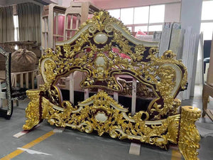 Luxury Style Royal Imperial Hand Made European Rococo Gold Leafing Antique Bed for Master Bedroom