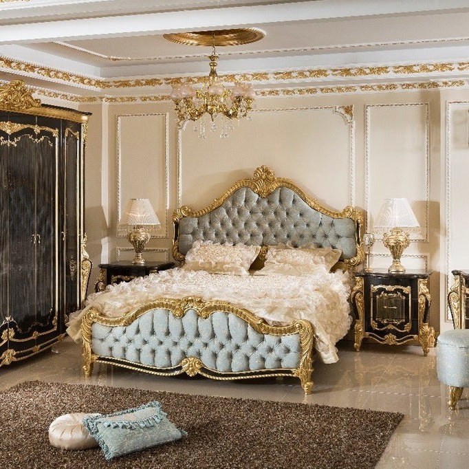 Luxury unique Royal Made European Rococo Antique Bed for Master Bedroom Gold Leafing Style Royal bed Imperial Hand