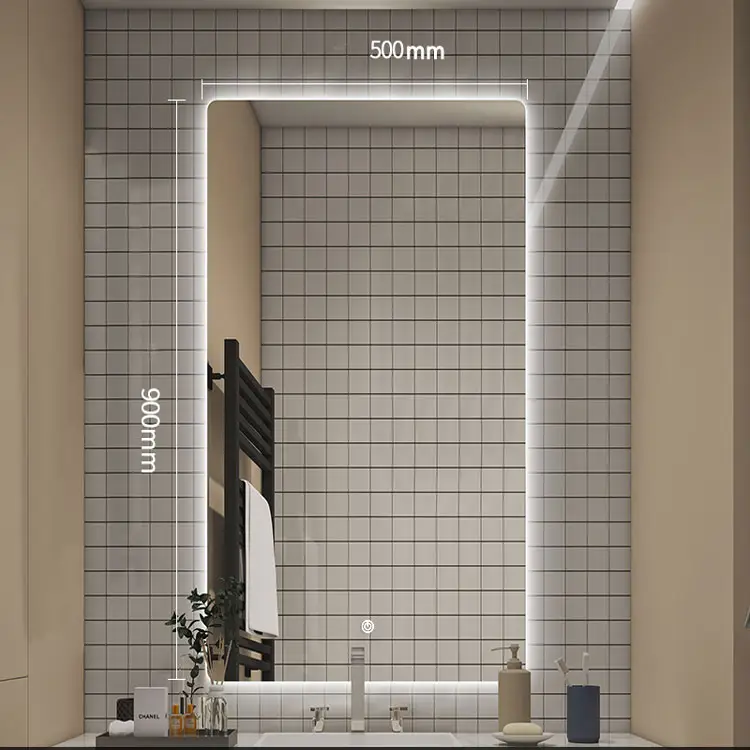 100x60cm HD Mirror Wall Mounted Illuminated Smart Led Mirror Details: Tricolor+ Antifog + time date + High definition Glass