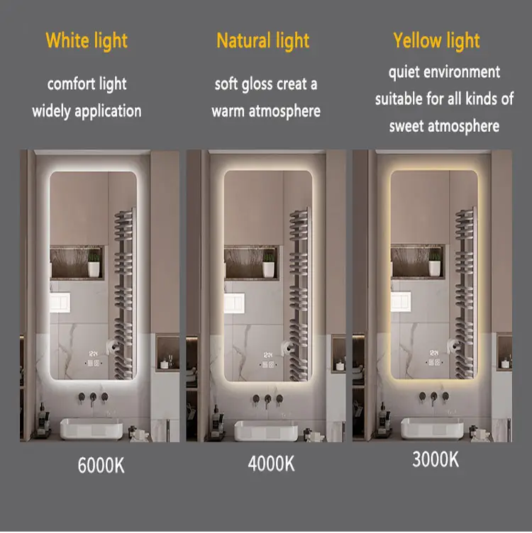 100x60cm HD Mirror Wall Mounted Illuminated Smart Led Mirror Details: Tricolor+ Antifog + time date + High definition Glass