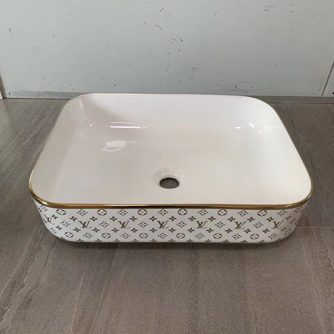 Porcelain Luxury Wash Basin LV Design Countertop Sink with Gold Accent Trim