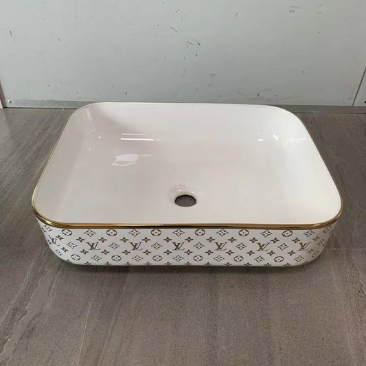 Porcelain Luxury Wash Basin LV Design Countertop Sink with Gold Accent Trim