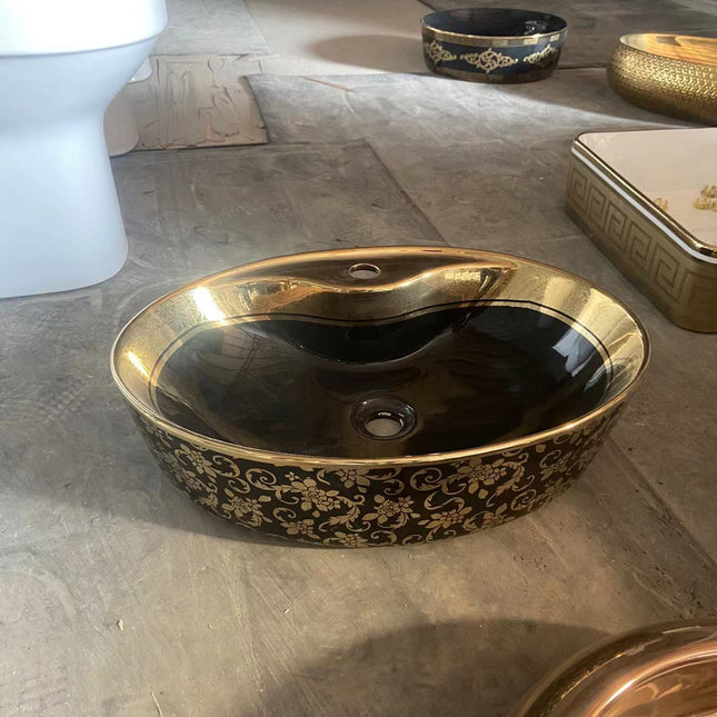 Floral Wash Basin Electroplating in Black and Gold Porcelain
