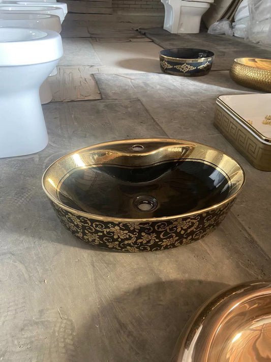 Floral Wash Basin Electroplating in Black and Gold Porcelain