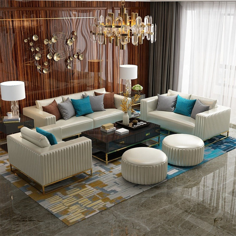 Modern Light luxury leather stainless steel furniture sofa living room 123 combination sofa