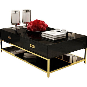 Modern light luxury stainless steel tea table tempered glass solid wood drawer coffee table living room furniture