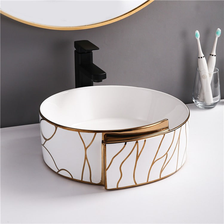 Round Electroplating Wash Basin Gold and White