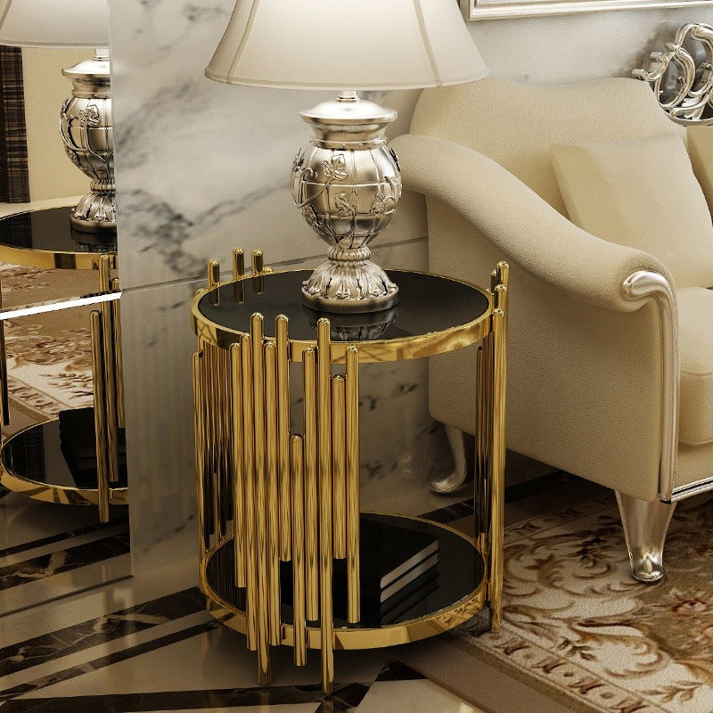 Modern Luxury Round Glass Top Coffee Table Sofa Back Side Table With Gold Stainless Steel Framed Furniture Corner Table