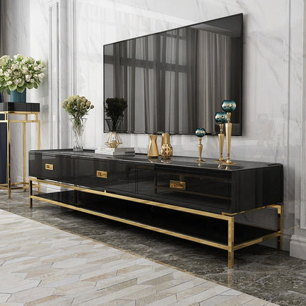 Meuble TV moderne, luxueux, simple et créatif pour salon, en acier inoxydable, titane et or, style appartement. 