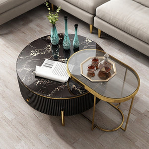 Marble Stainless Steel Contemporary Coffee Table with Side Table Tempered. Glass Top