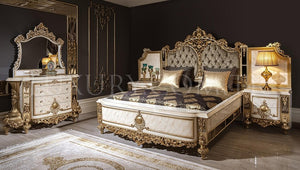 Royal Classic Bedroom Furniture Set Antique Golden Solid Wood Carvings King Size Bed With Bed Side table Noble