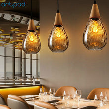 Load image into Gallery viewer, Wooden Glass Bubble Pendant Light Water Drop Shape with E27 Edison Bulb LED Dining Room Living Room Lamps
