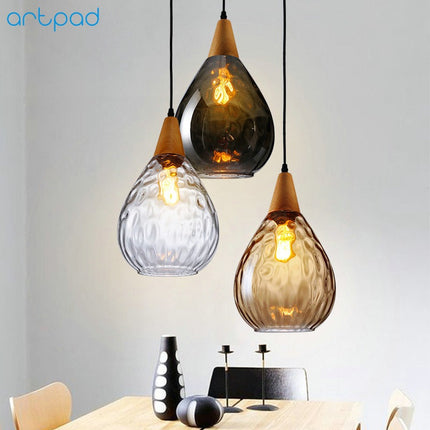 Hängeleuchte aus Holz und Glas in Tropfenform mit E27-Edison-Glühbirne, LED-Beleuchtung für Esszimmer und Wohnzimmer