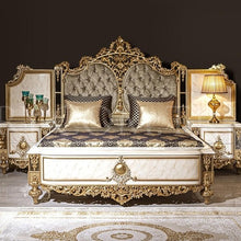 Load image into Gallery viewer, solid wooden double bed genuine leather beds frame modern Italian leather luxury gold wooden double king size bed
