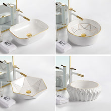 Load image into Gallery viewer, modern luxury golden round lavatory waschbecken white and gold hand wash ceramic art basin bathroom sink
